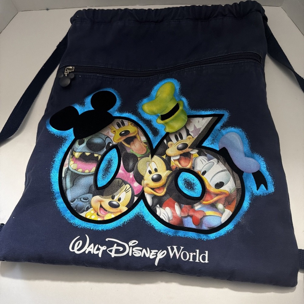 Walt Disney World 2006 Character Drawstring Backpack Navy Blue Mickey Stitch 06